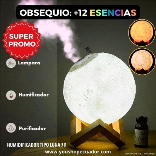 Lámpara Lunar 3D con Humidificador + Base de madera + 12 Esencias + Envío Gratis