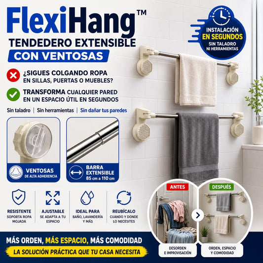 FlexiHang™ Tendedero Extensible con ventosas (Instalación en segundos y sin dañar paredes)