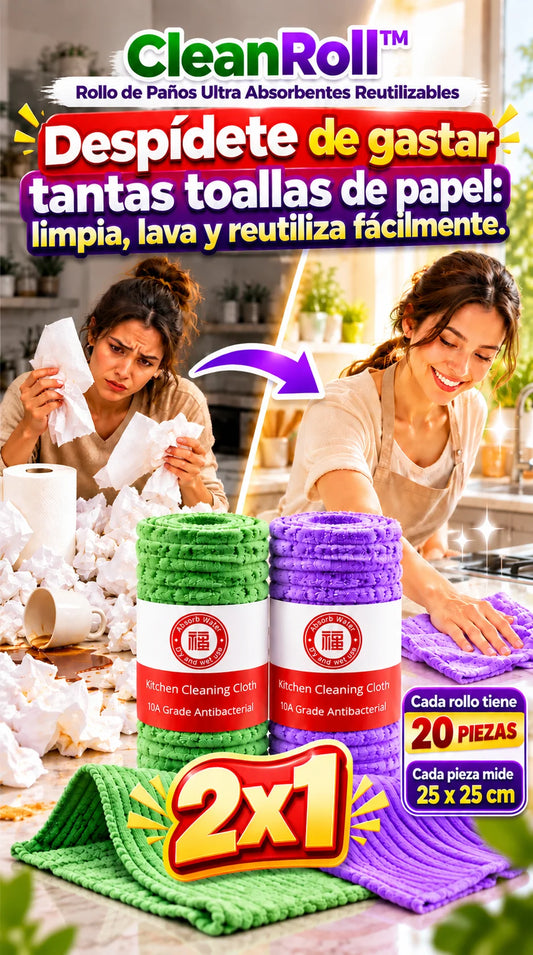 CleanRoll™ Rollo de Paños Ultra Absorbentes Reutilizables + PROMO 2X1