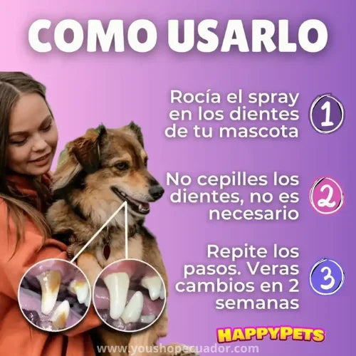 HAPPY PETS™ Spray bioamigable de ultra protección dental y mal aliento en mascotas + PROMO 2X1 🎁