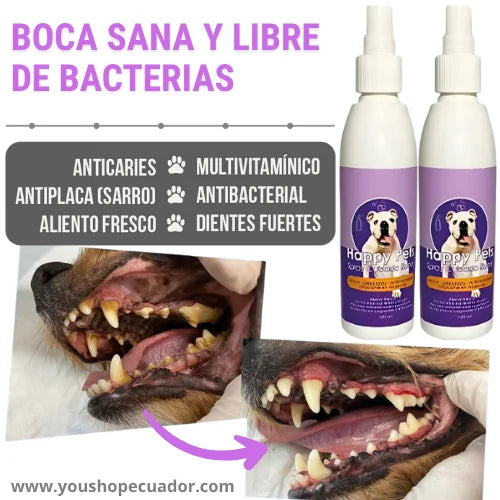 HAPPY PETS™ Spray bioamigable de ultra protección dental y mal aliento en mascotas + PROMO 2X1 🎁