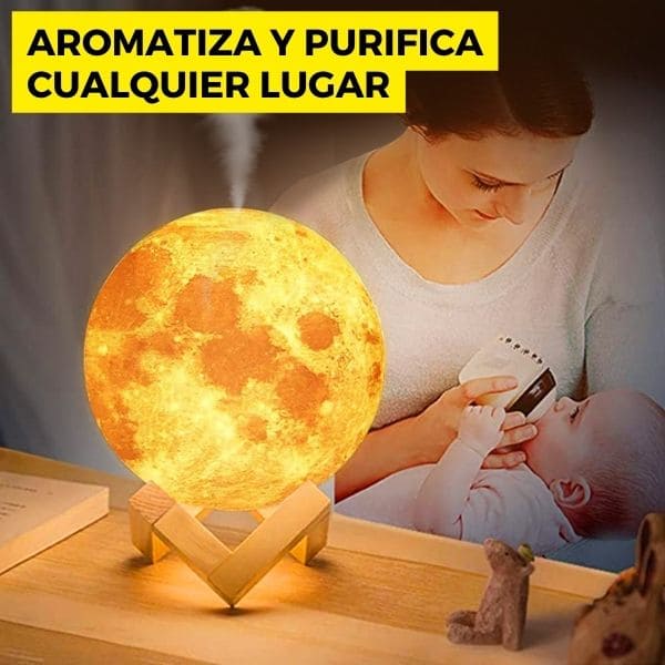 Lámpara Lunar 3D con Humidificador + Base de madera + 12 Esencias + Envío Gratis