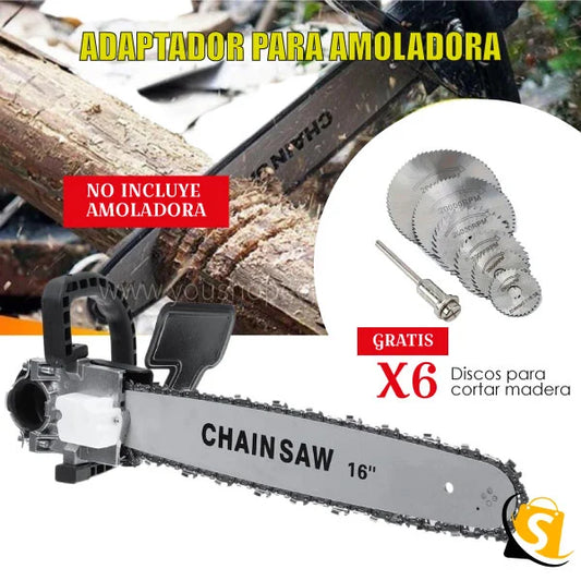 CHAINSAW PRO™ ADAPTADOR de motosierra 16” para AMOLADORAS 4 ½ + OBSEQUIO set discos para cortar madera