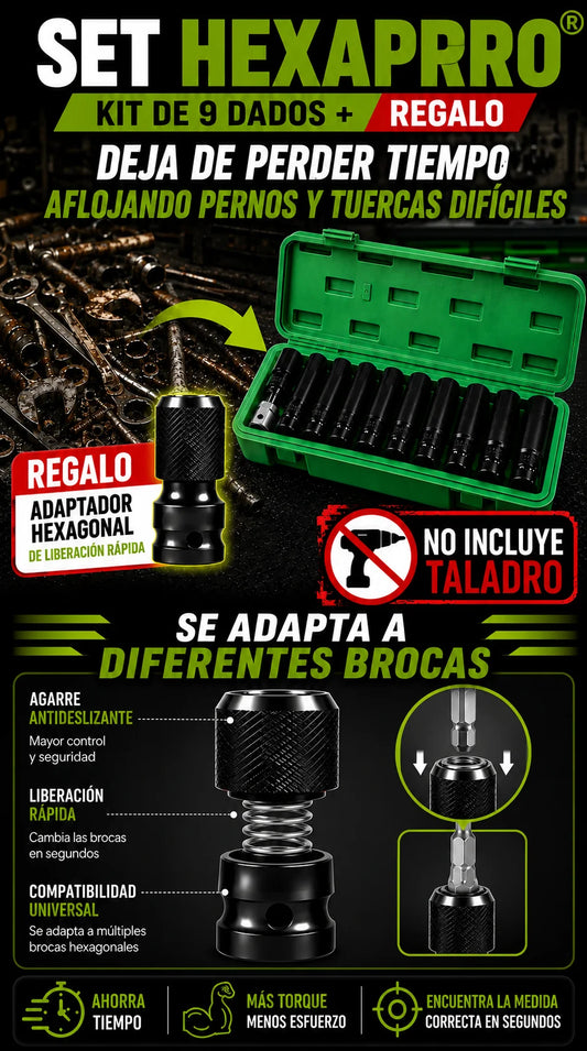 SET HEXAPRO® Kit de 9 dados + REGALO ADAPTADOR HEXAGONAL DE LIBERACIÓN RÁPIDA