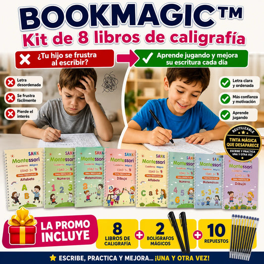 BOOKMAGIC™ Kit de 8 libros de caligrafía + Regalo 2 Bolígrafos Mágicos y 10 Repuestos