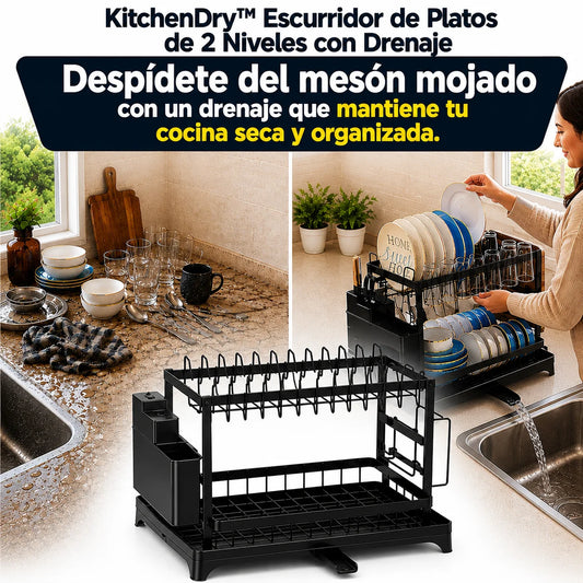 KitchenDry™ Escurridor de Platos de 2 Niveles con Drenaje