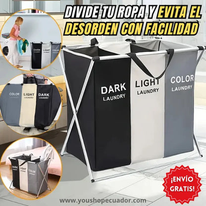 CESTO PLEGABLE TRIPLE (Evita manchas al lavar y Organiza tu ropa sucia al instante)