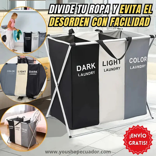 CESTO PLEGABLE TRIPLE (Evita manchas al lavar y Organiza tu ropa sucia al instante)