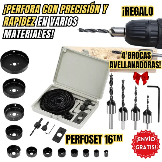 PerfoSet 16™  Kit completo de sierras en copa + Regalo Set de Brocas Avellanadoras 🎁