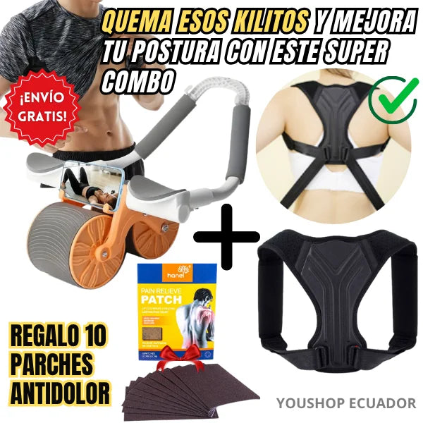 SUPER COMBO RODILLO ABDOMINAL INTELIGENTE + CORRECTOR DE POSTURA + PARCHES PARA DOLOR 🎁