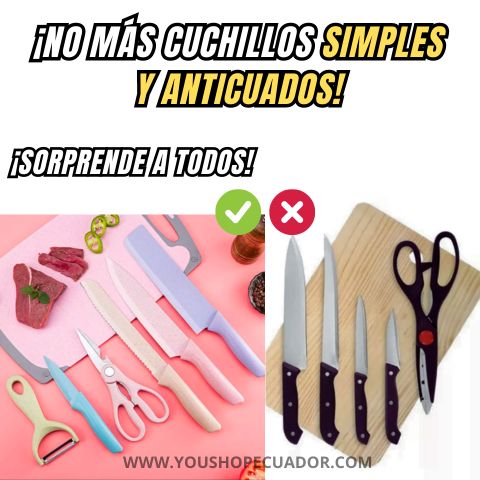 PACK de 4 Cuchillos Multicolor en Acero Inoxidable + Tijera de cocina y Pelador