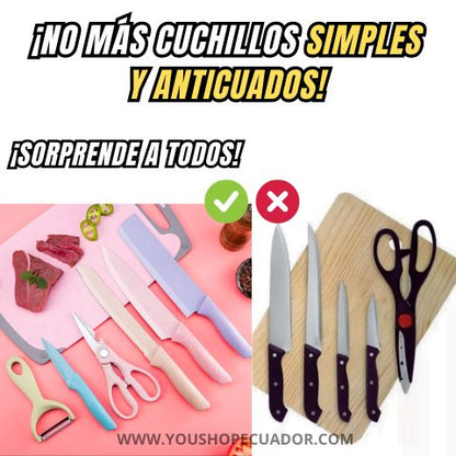 PACK de 4 Cuchillos Multicolor en Acero Inoxidable + Tijera de cocina y Pelador