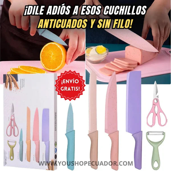 PACK de 4 Cuchillos Multicolor en Acero Inoxidable + Tijera de cocina y Pelador